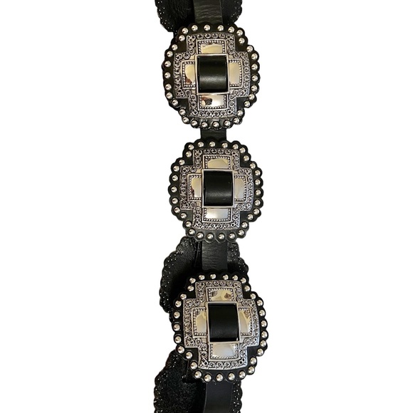 Southwestern Aztec Boho Chic Silver and Black Leather Oversized Belt - Picture 5 of 7